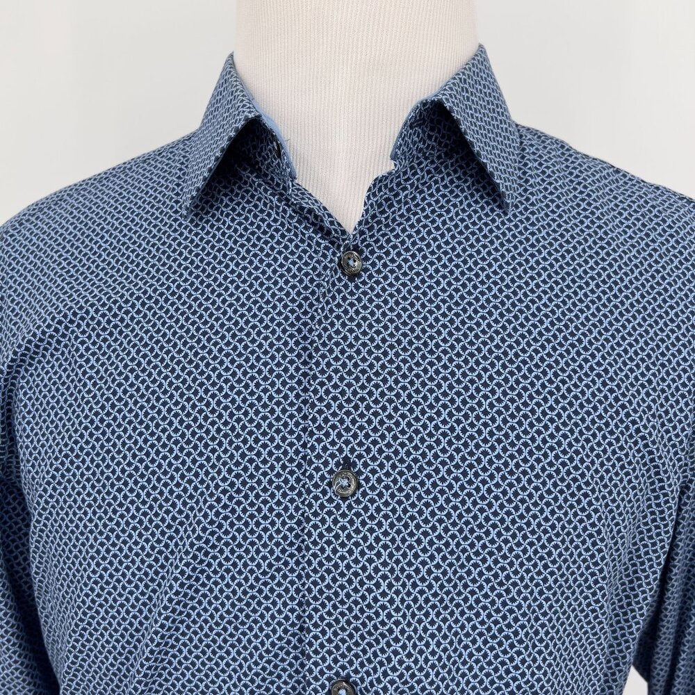 Bugatchi Uomo Shaped Fit Blue Long Sleeve Button-Down Shirt 100% Cotton Mens Siz